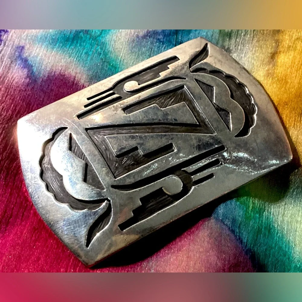 Navajo Hopi Belt Buckle .925 SOLID Sterling Silver Handmade Overlay Circa 1980's